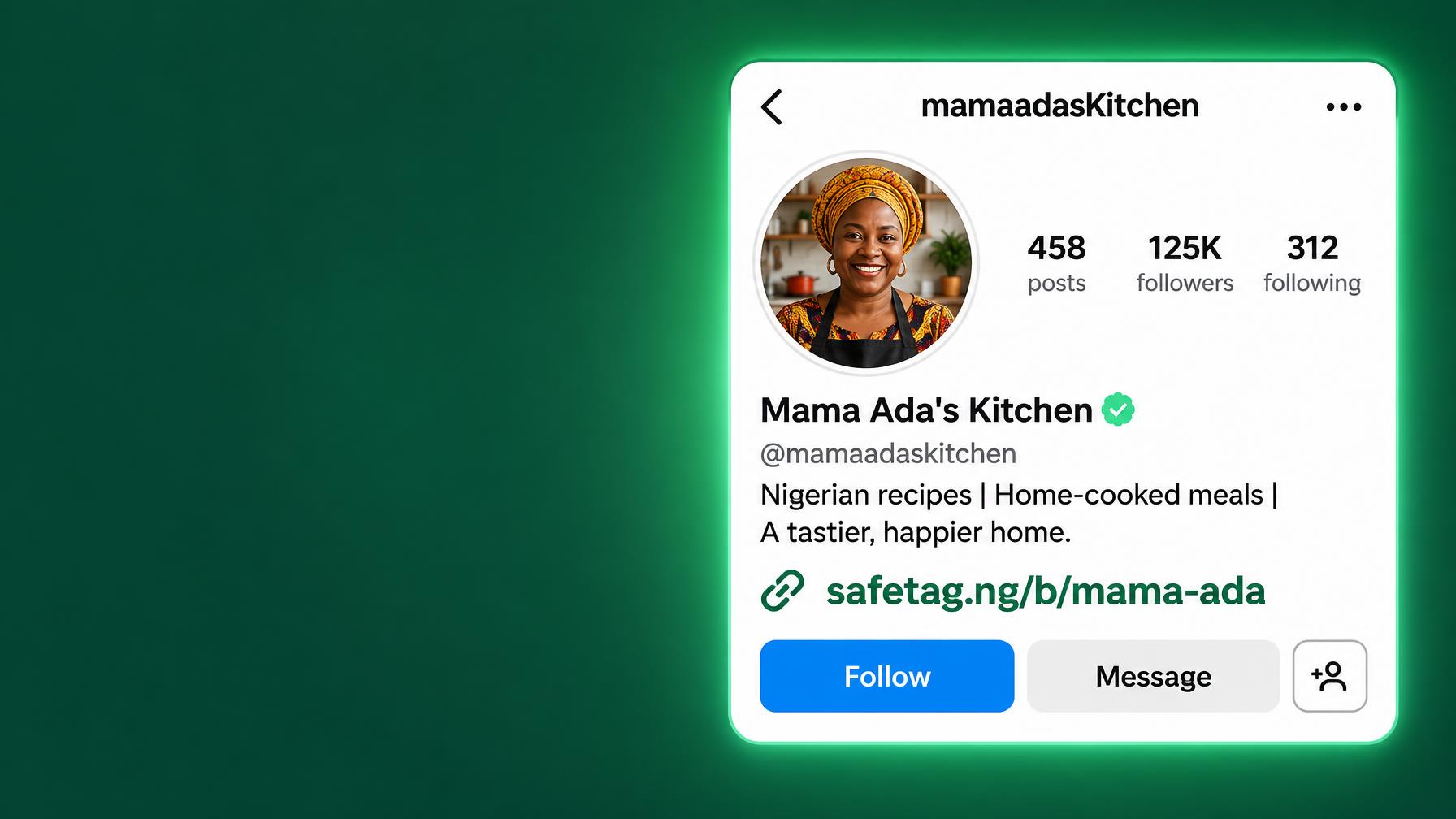 Mama Ada's Kitchen social profile with the safetag.ng/b/mama-ada link in its bio