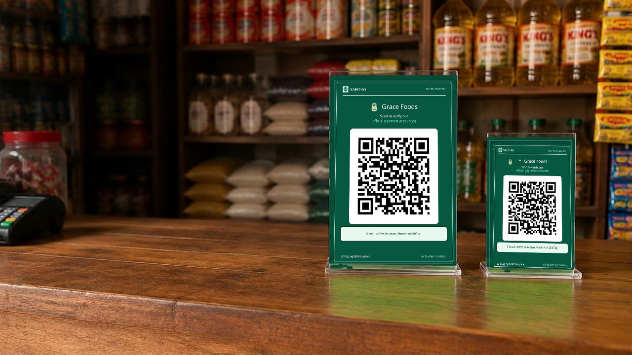 Grace Foods SafeTag counter cards standing beside a shop till