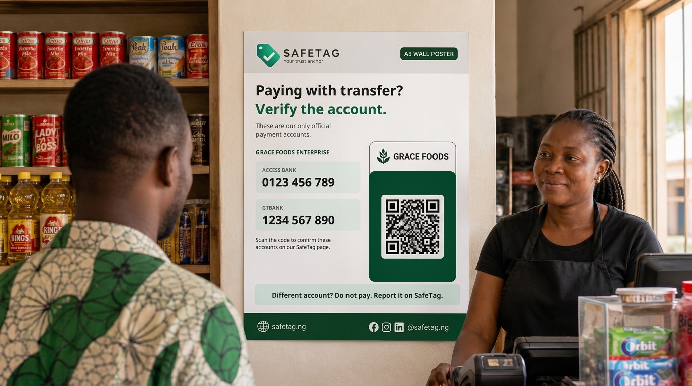 A3 SafeTag poster on a shop wall behind the counter